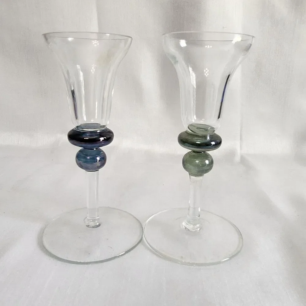 Hand-Blown Glass Wine Goblets With Blue & Green Swirl Beads‎